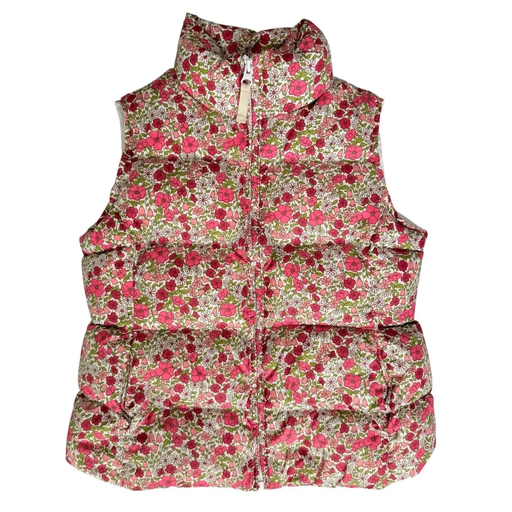 Lands End Girls Down Puffer Vest Kids Large 6X Pink Green Floral Quilted Preppy